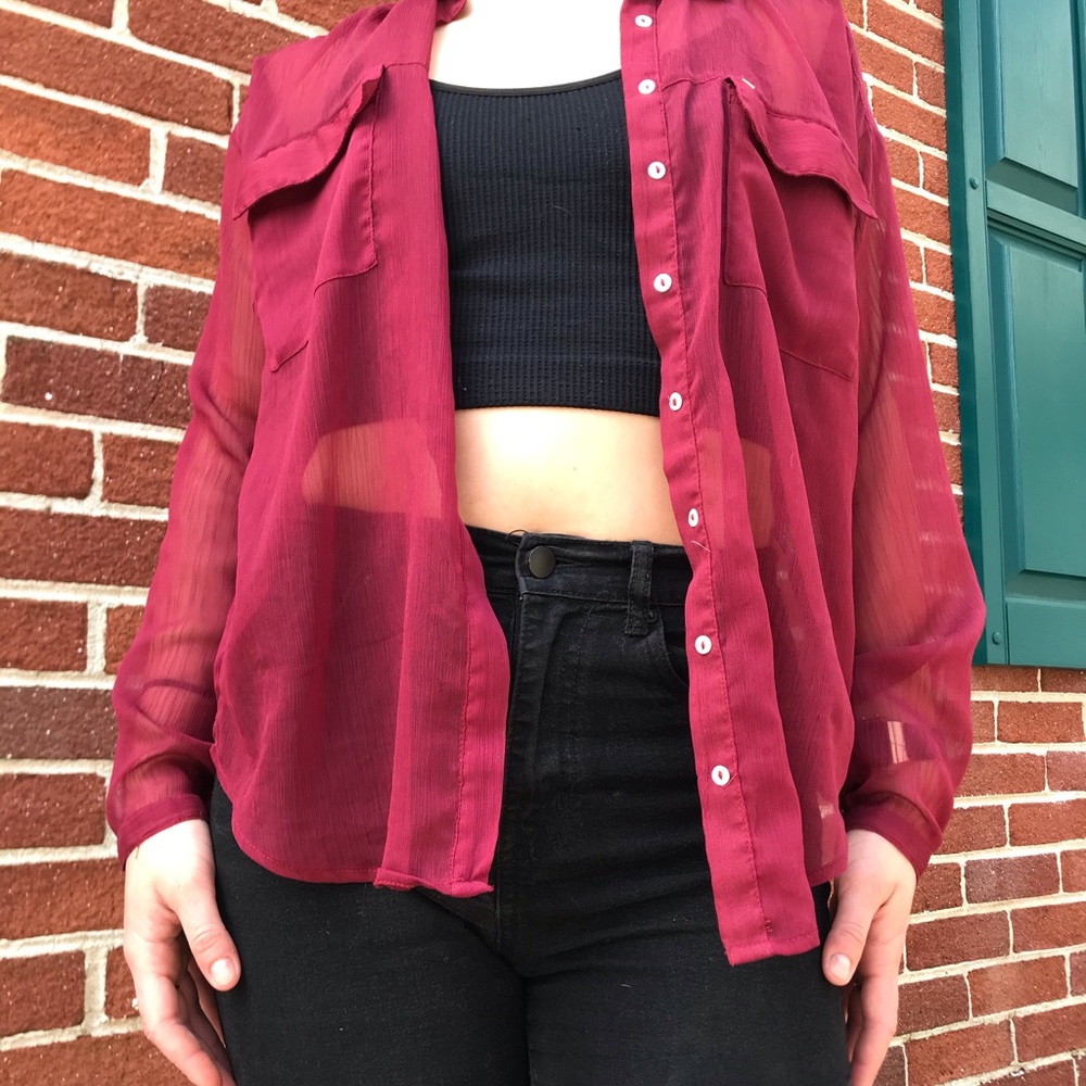 Red Sheer Button-Up - Picture 4 of 4